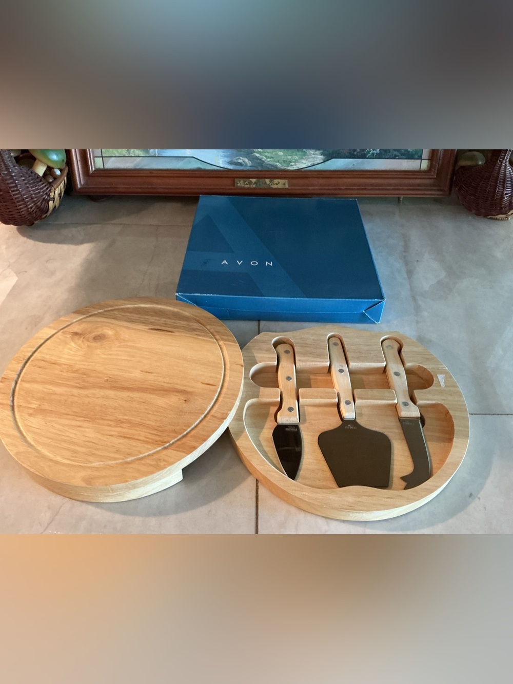 Avon Natural Wood Round Cheese Board Set with Three Wooden-Handled Tools